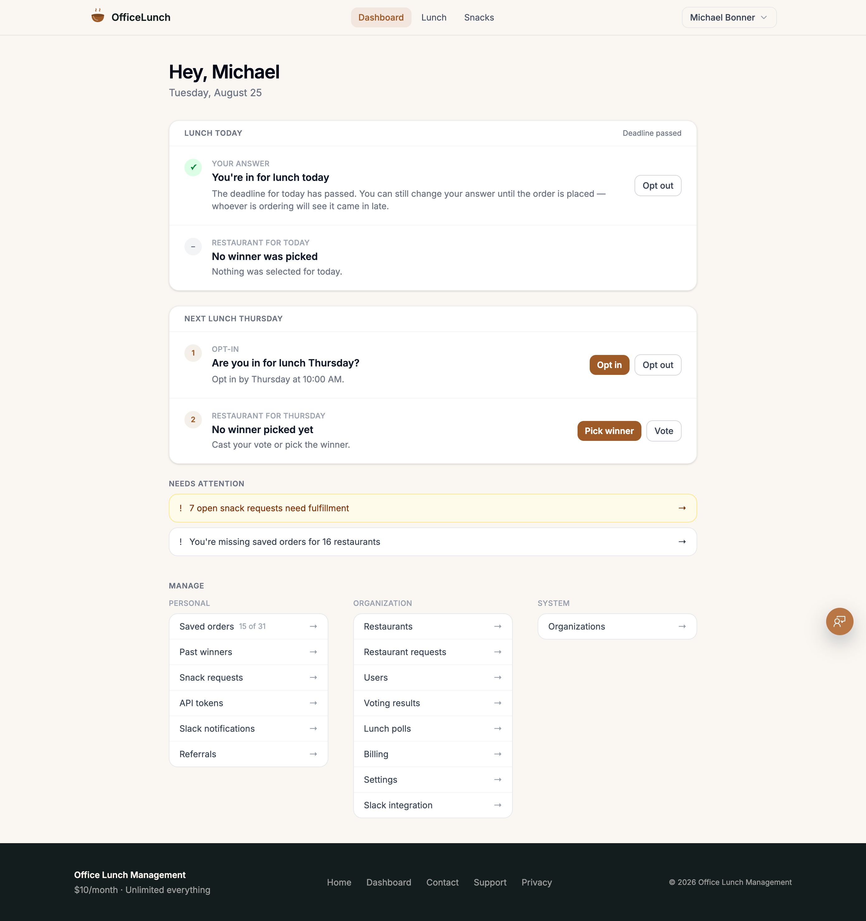 Office Lunch App user dashboard