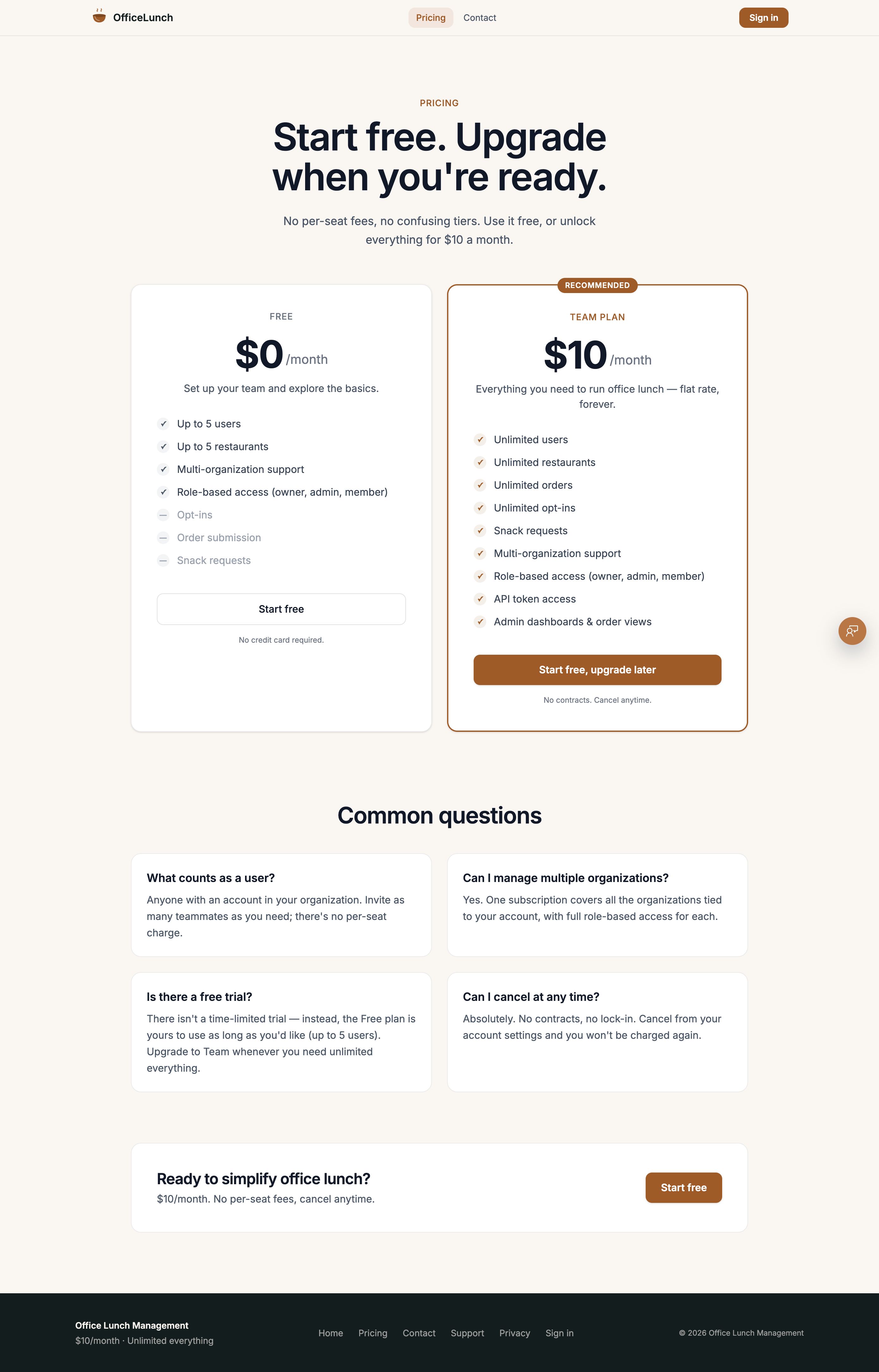 Office Lunch App pricing page