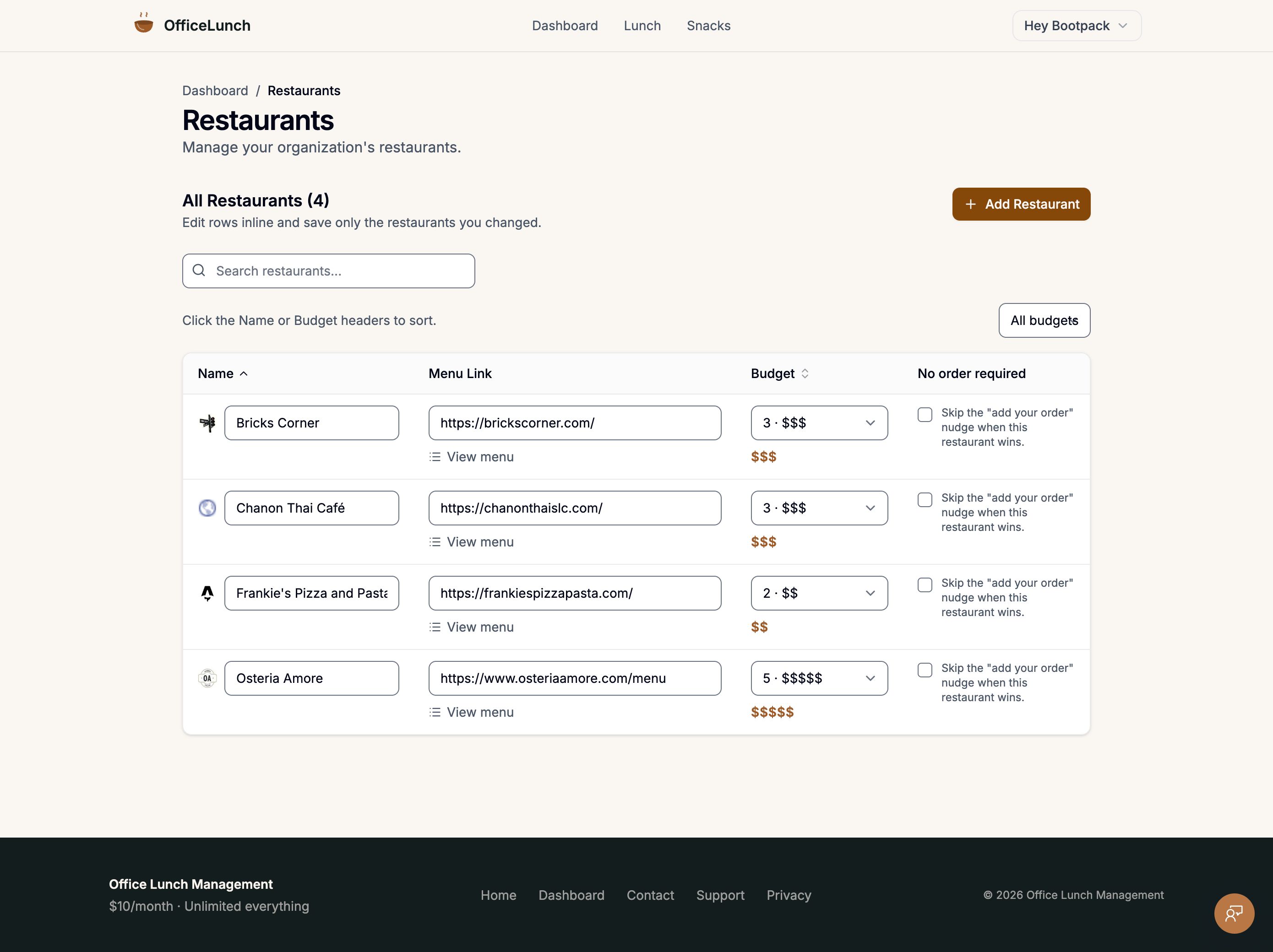 Restaurant management list